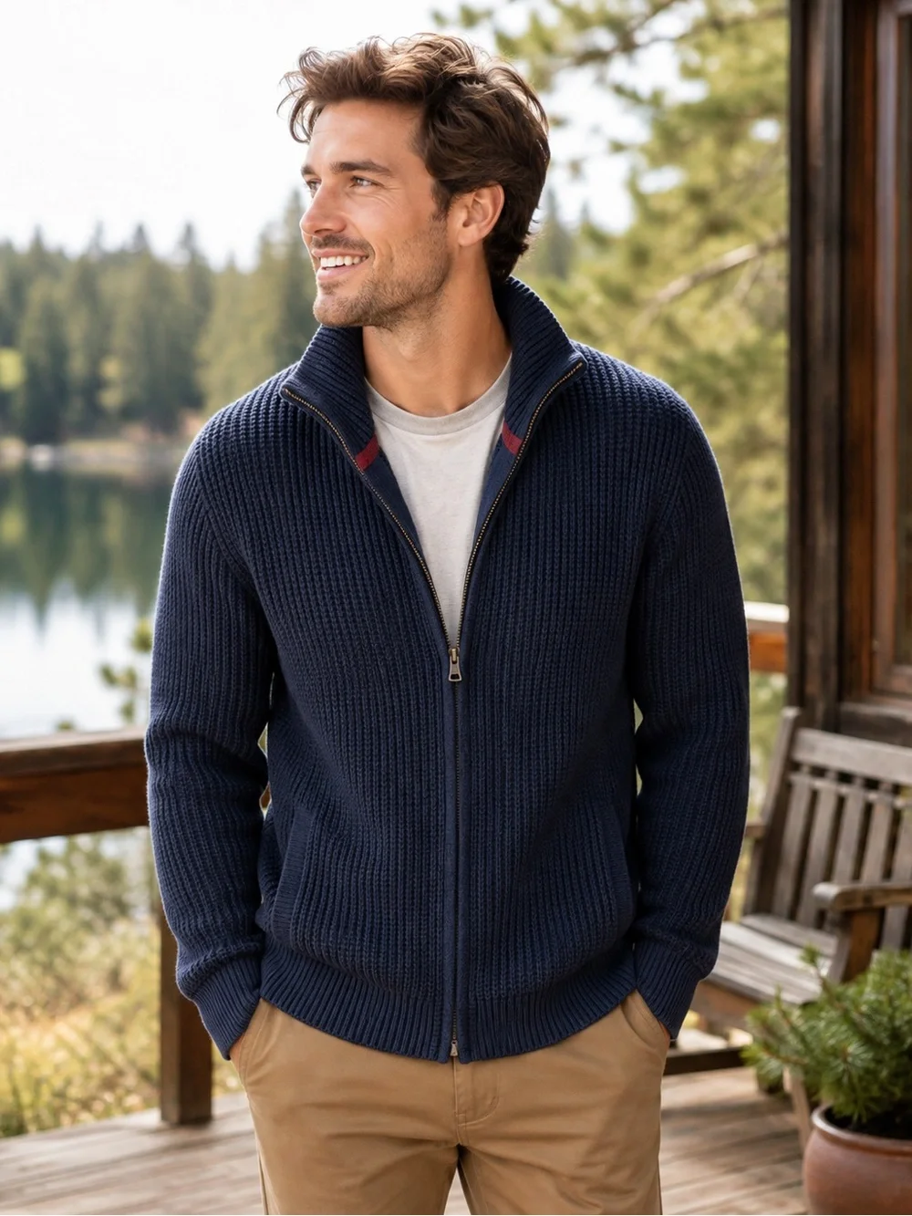 L.L.Bean Organic Cotton Full Zip Chunky Knit Cardigan Sweater Navy XL